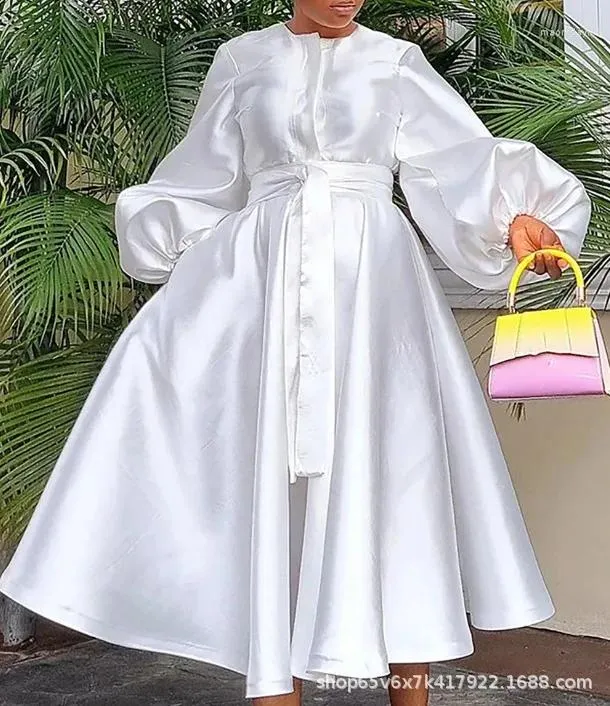 Robes décontractées élégant Satin Lantern Party MAXI Robe Femme Femme Plus grande taille Color Bouton Down Shirt Evening Wedding Long