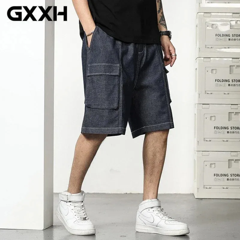 GXXH Summer Mens Mens Denim Shorts Эластичная растянутая талия Тонкая короткая джинса негабаритная голубая 6xl мужской длины колена плюс размер уличная одежда 240430