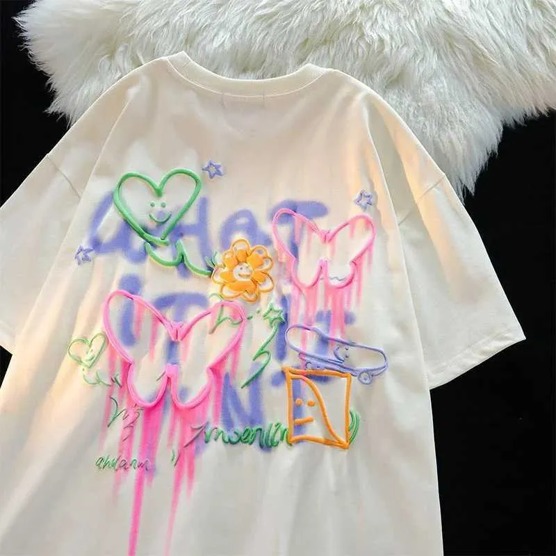 T-shirt féminin harajuku papillon fleur peinture enfilée t-shirts dents filles kawaii ts coton pur été y2k tops coréen mode 2023 y240509