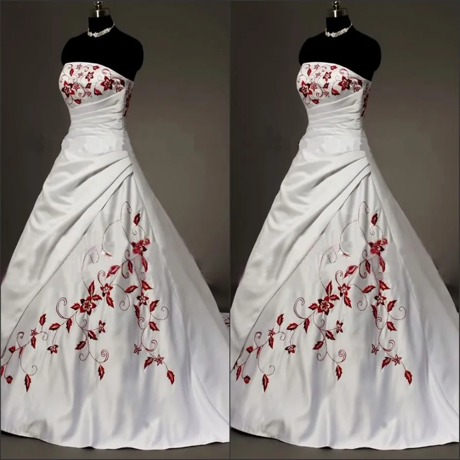 White Satin Red Embroidered Wedding Dresses Plus Size Ball Gown For Bride 2022 Strapless Lace-up Pleats Draped Vintage Wedding Gowns 329V