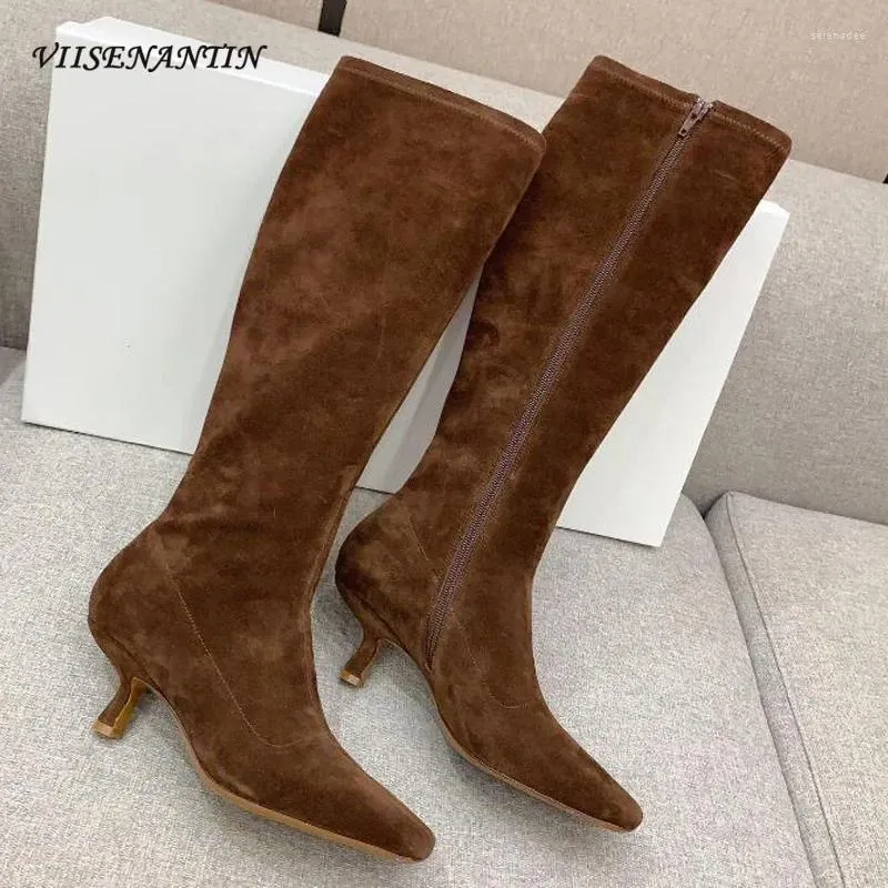 Boots Femmes Knee High Boot Vow Suede en cuir talon Fashion Elegant Lady Square Toe Toe Minage Mariage Long Femelles