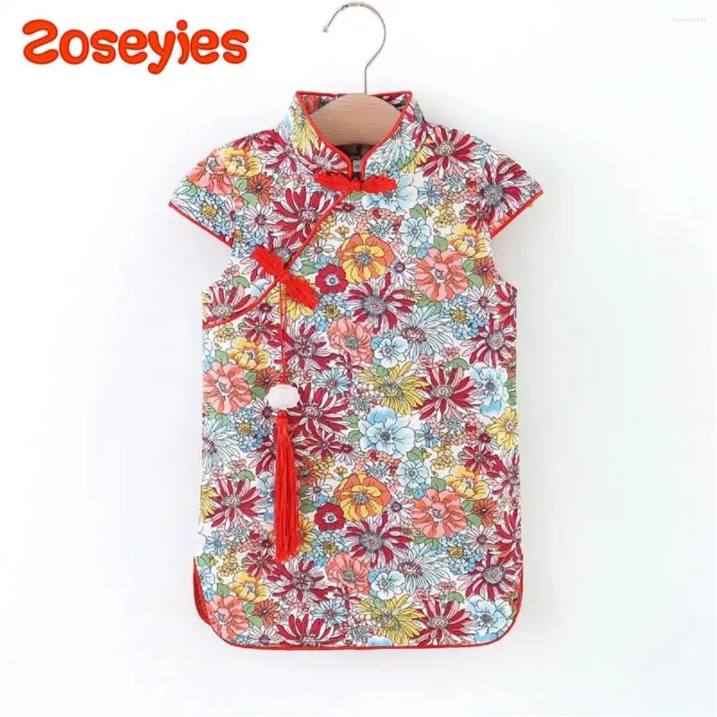 Meisjesjurken zomer babymeisjes jurk Chinese stijl bloemen kwastjes korte mouw cheongsam rok