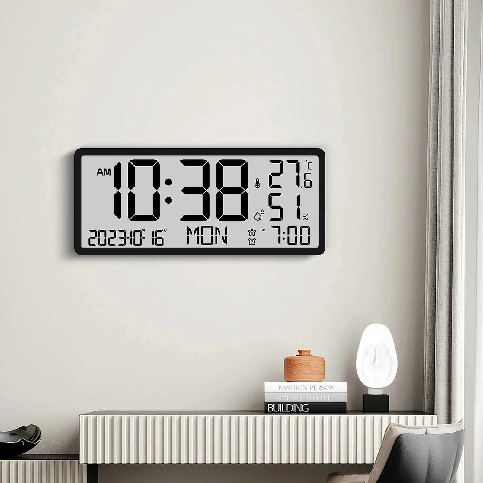 Настенные часы ЖК -дисплей большие экраны цифровые часы многофункциональная температура и влажность отображение простых современных стилей Q240509