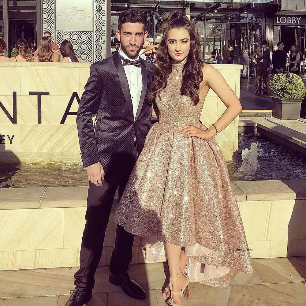 DHgate Rose Gold Sequined High Low Party Gowns for Girls Elegant Formal Prom Dresses Wedding Party Events