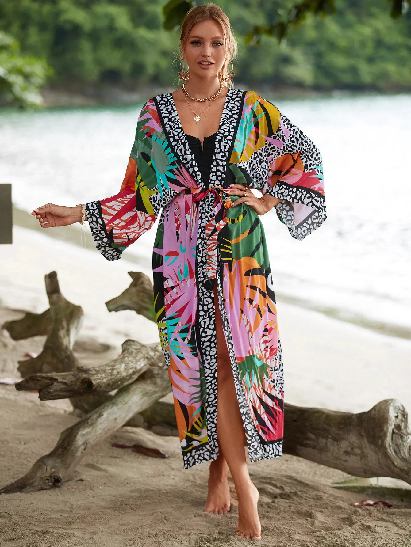 EDOLYNSA Boho Printed Long Kimono Dress Bathing Suit Coverups 2024 Summer Clothes Tunic Women Beachwear Swimsuit Cover Up Q1512 240426