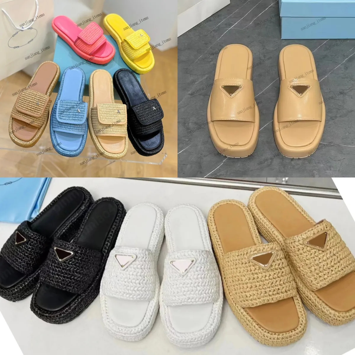 Women's Platform Slippers Crochet Straw Sandal Italy Triangle Buckle Mules Thick Bottom Puff Leather Mules Ladies Wedges Slide Beige Black White Slip On Espadrilles