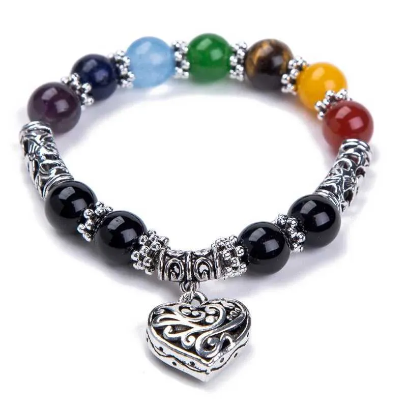 Charm Bracelets Hot Sale Men Women 10mm Bracelets 7 Chakra Healing Balance Beads Heart Charm Bracelet For Female Reiki Prayer Stones Jewelry Y240510