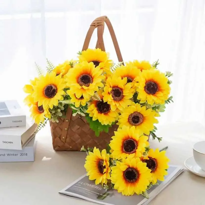 Fleurs décoratives couronnes 7 têtes fleurs artificielles de haute qualité Silk Scrapbooks de tournesol