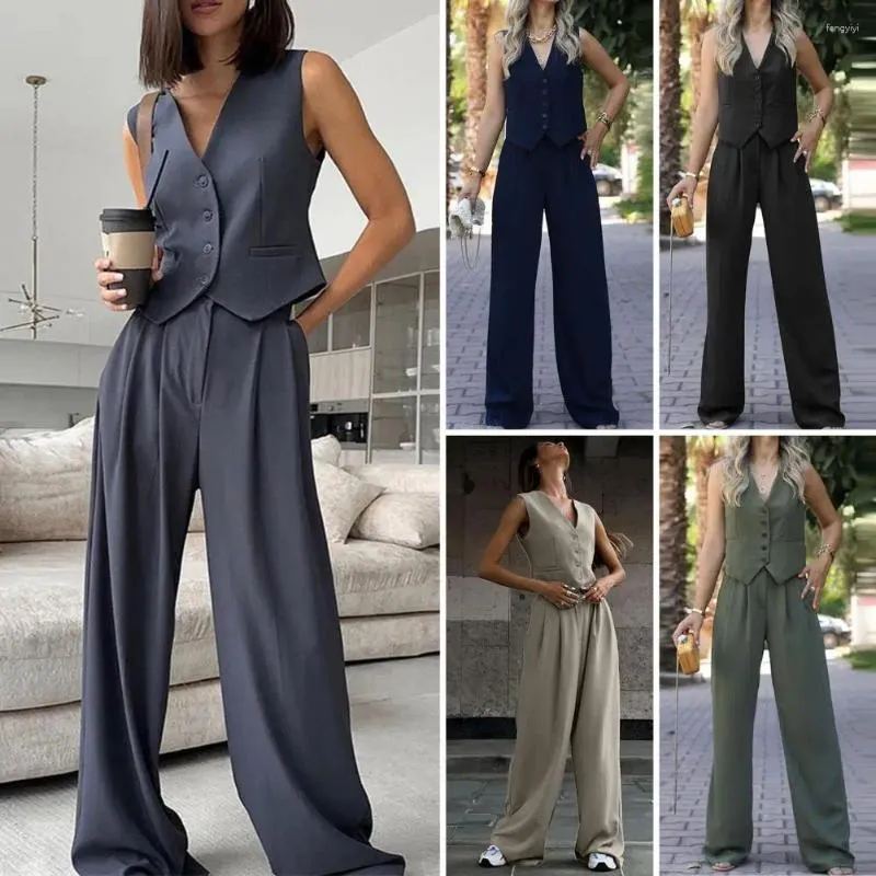 Pantaloni da donna a due pezzi set di gamba larga elegante per l'usura da ufficio senza manico