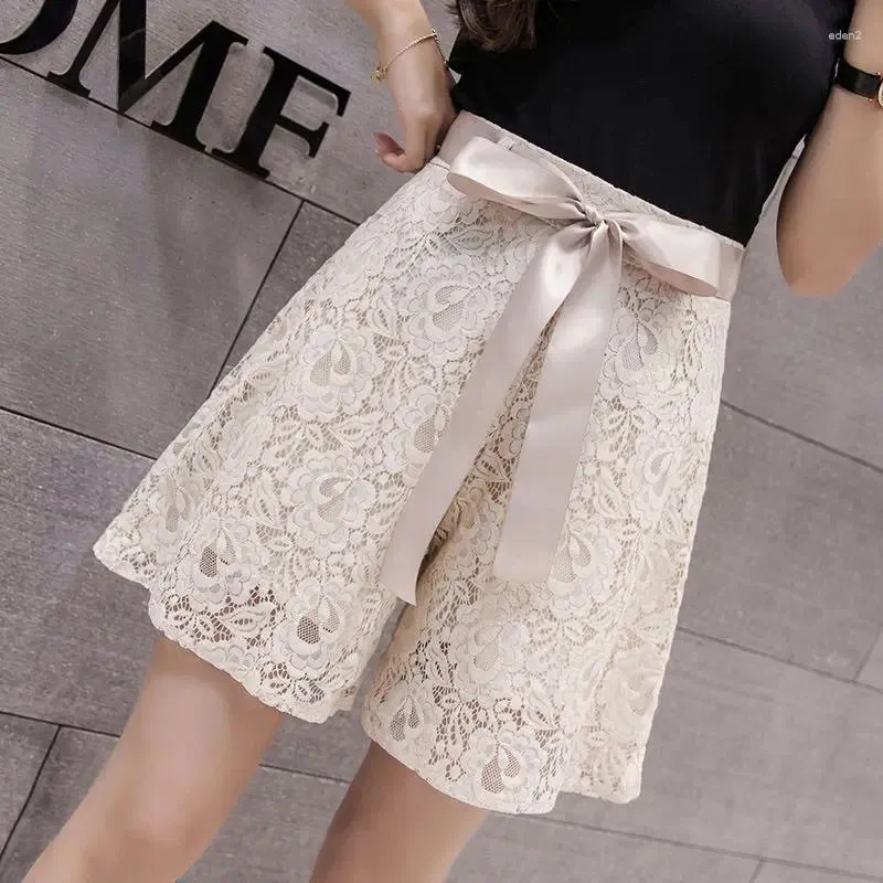 Women's Shorts Lace 2024 Summer Women Ribbon Bow Wide Leg A-line Korean Style Sweet Casual Female Flower Culottes