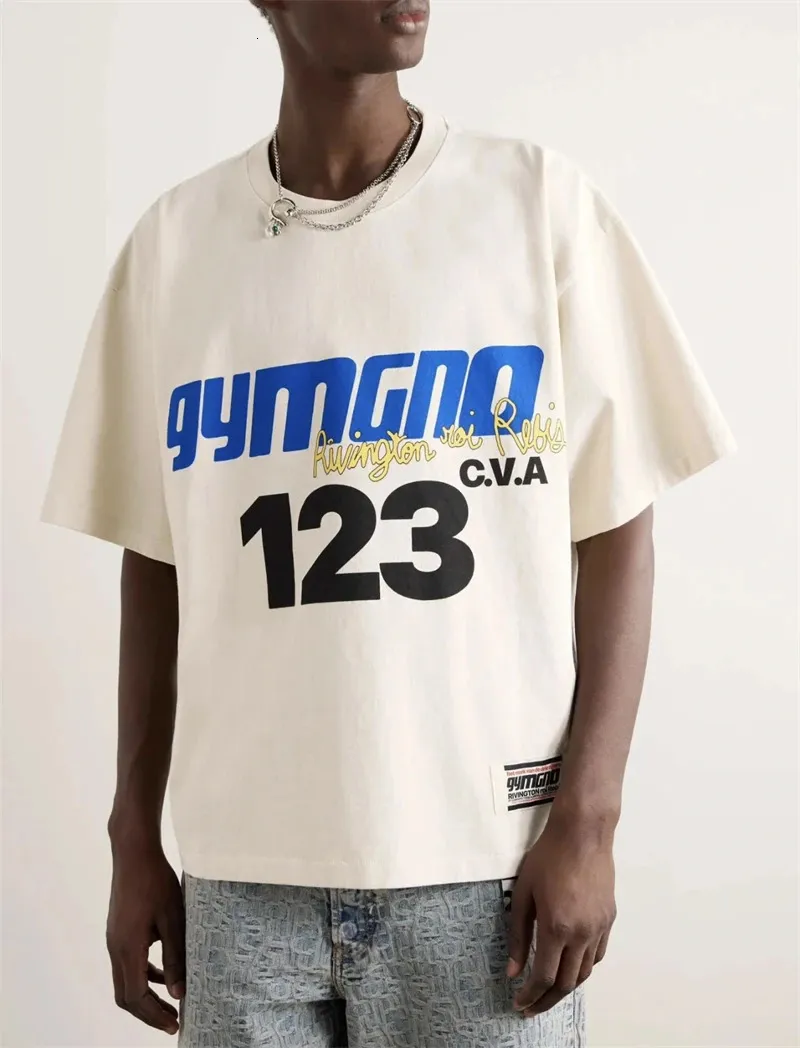 RRR123 Amerikan High Street Fashion Marka Ağır Kısa Kollu Hip Hop Yuvarlak Boyun Gevşek Baskı Vintaget T-Shirt Sıradan Pamuk 240509