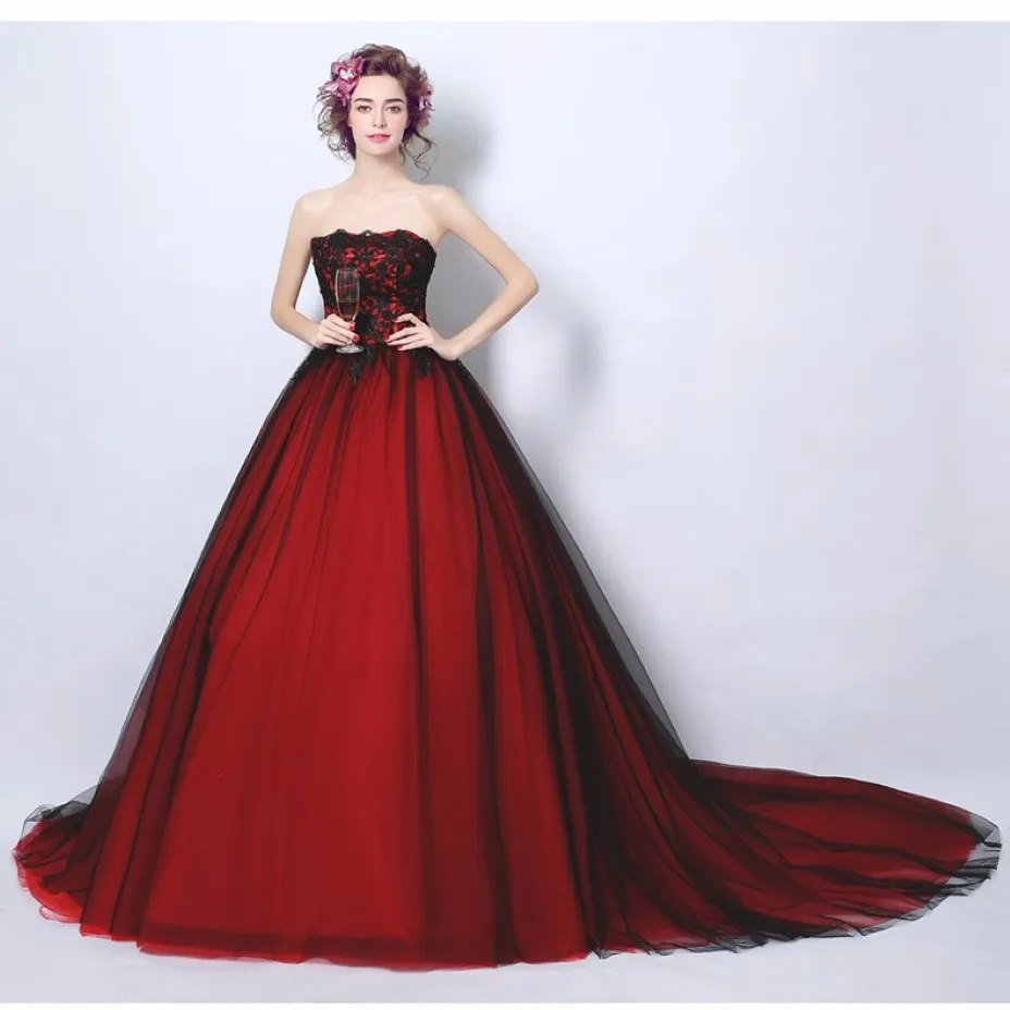 赤と黒のボールガウンゴシックウェディングドレスボールガウン本物の画像カラフルなヴィンテージプリンセスウェディングドレス