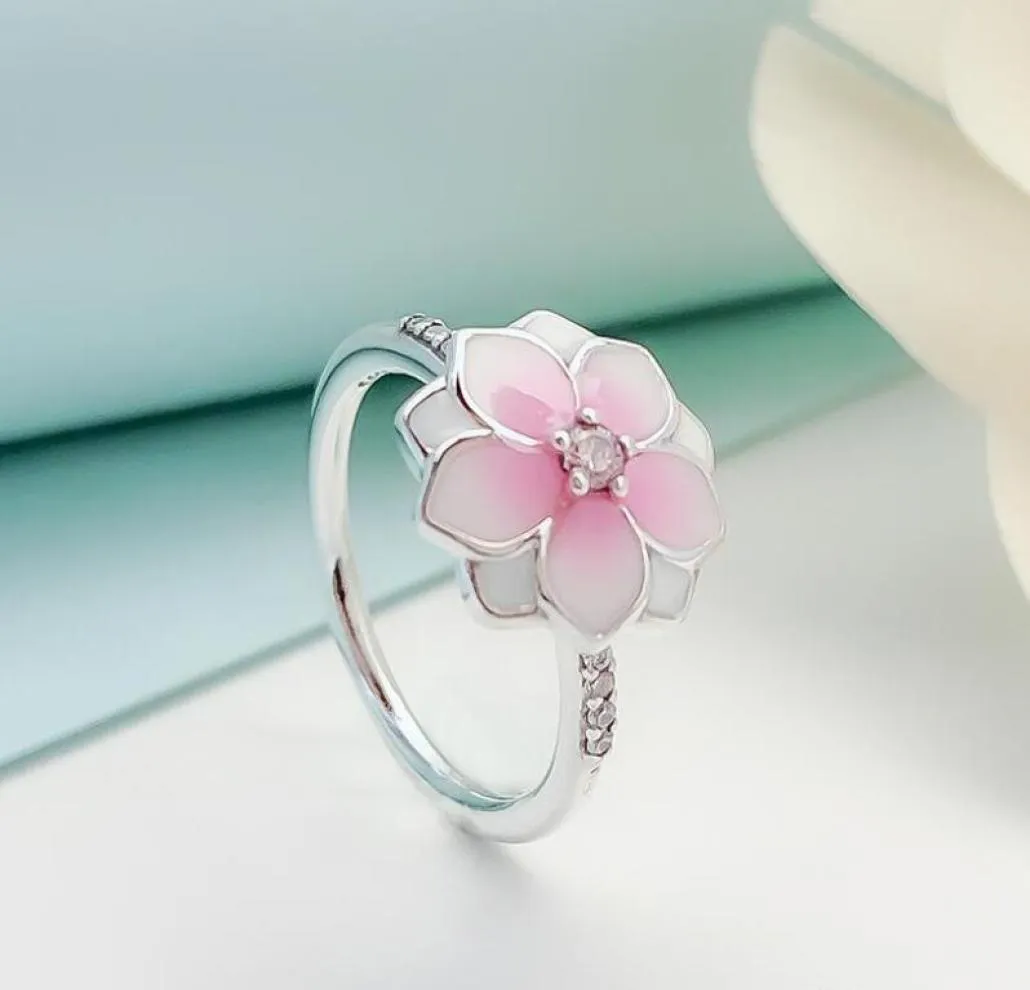 Cerise Emaye Pembe CZ Yüzükler 925 STERLING Gümüş Manolya Bloom Ring için Orijinal Kutu Kadın Düğün Hediyesi Takımları2202506