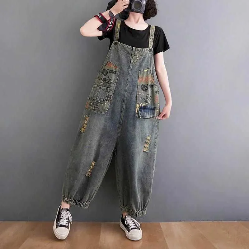 Womens Denim Jumpsuits: Ankle Length Printed Romper, Loose Fit
