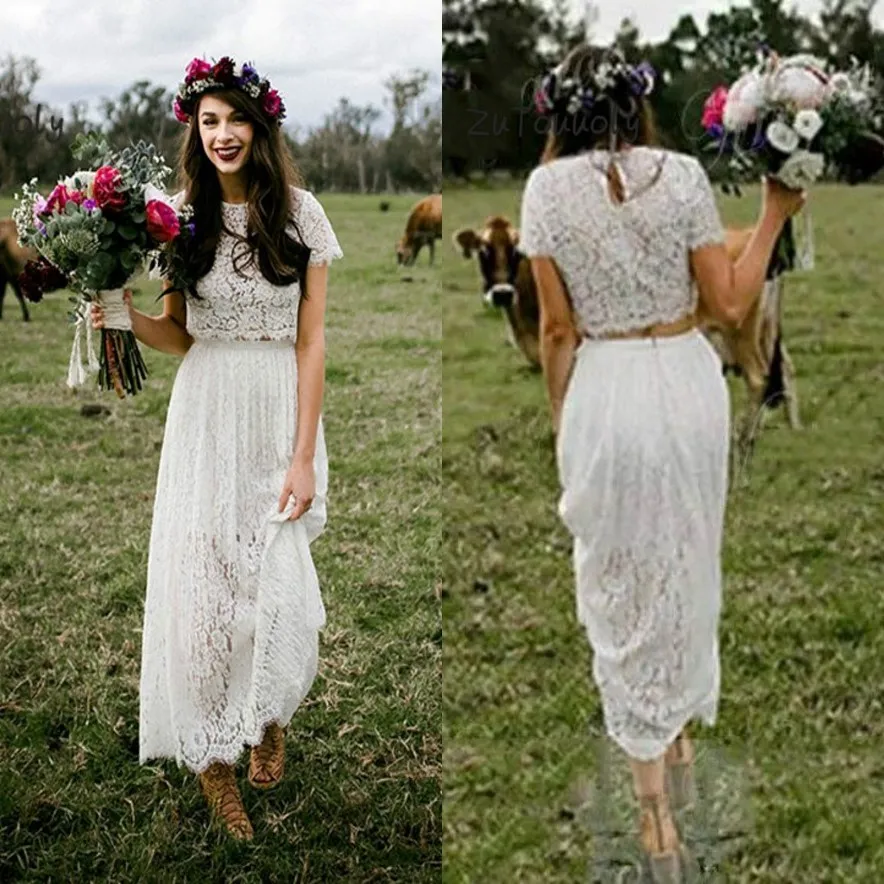 Romantische tweedelige trouwjurk met mouwen kant boho ronde nek enkel lengte bohemian hippie korte bruid jurk voor vrouwen 2023 2889