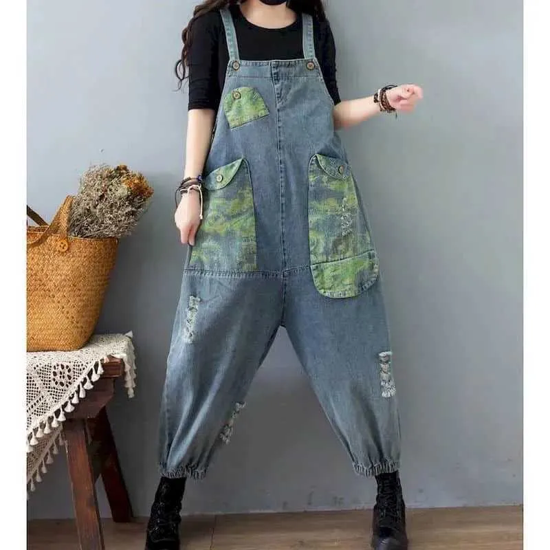 Le tute femminile Romper patchwork salti in denim per donne pantaloni a gamba in stile coreano pantaloni larghi