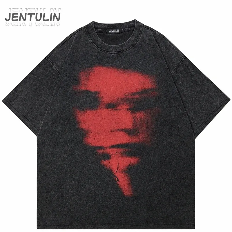 Harajuku Summer Men Washed Tshirt Black Streetwear Blurry Face Graphic Clothes Print Short Sleeve Tops Cotton Loose Hipster 240509