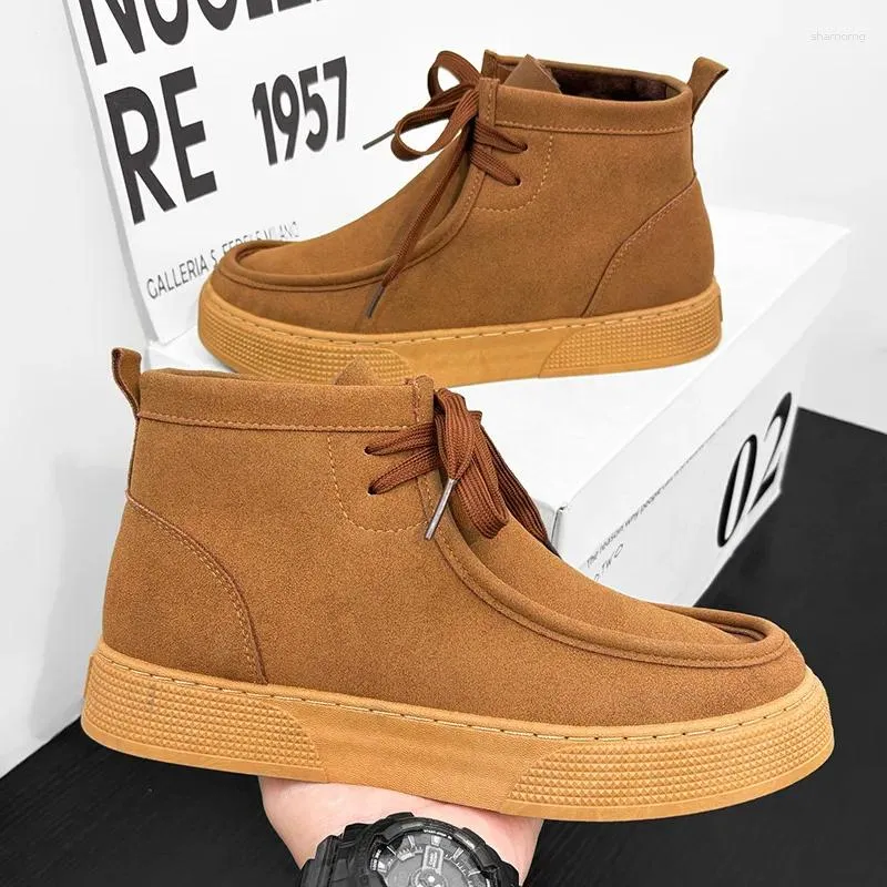 Casual skor retro brun för män ankelstövlar hög toppmäns vinter sneakers bekväm mocka läder chaussure hommes