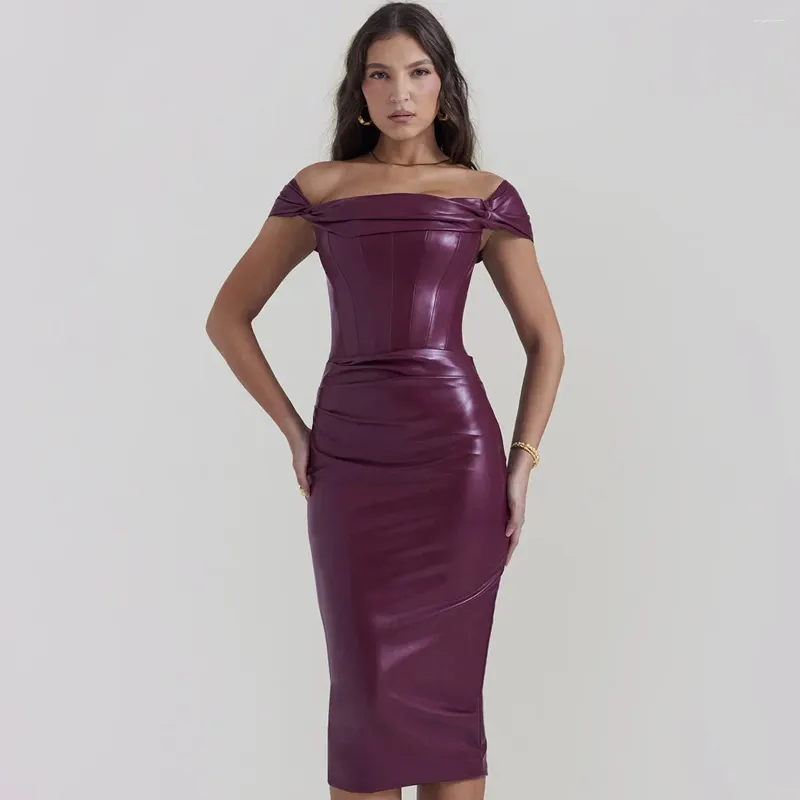 Party Dresses Wine Red Strapless Backless Pu Leather Midi Dress for Women Off-Shoulder ärmlös Bodycon Club Long Long