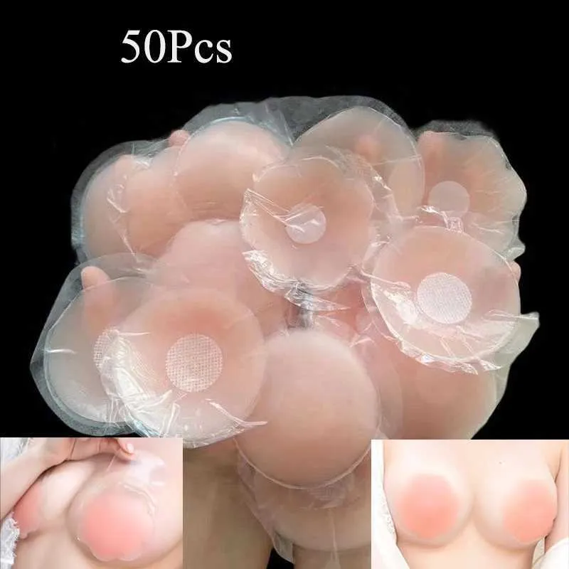 Bröstdyna 50 bitar av silikonnippel täcker återanvändbara klistermärken självhäftande osynliga lyftbrasar bröst kvinnliga bröst kronblad grossist q240509