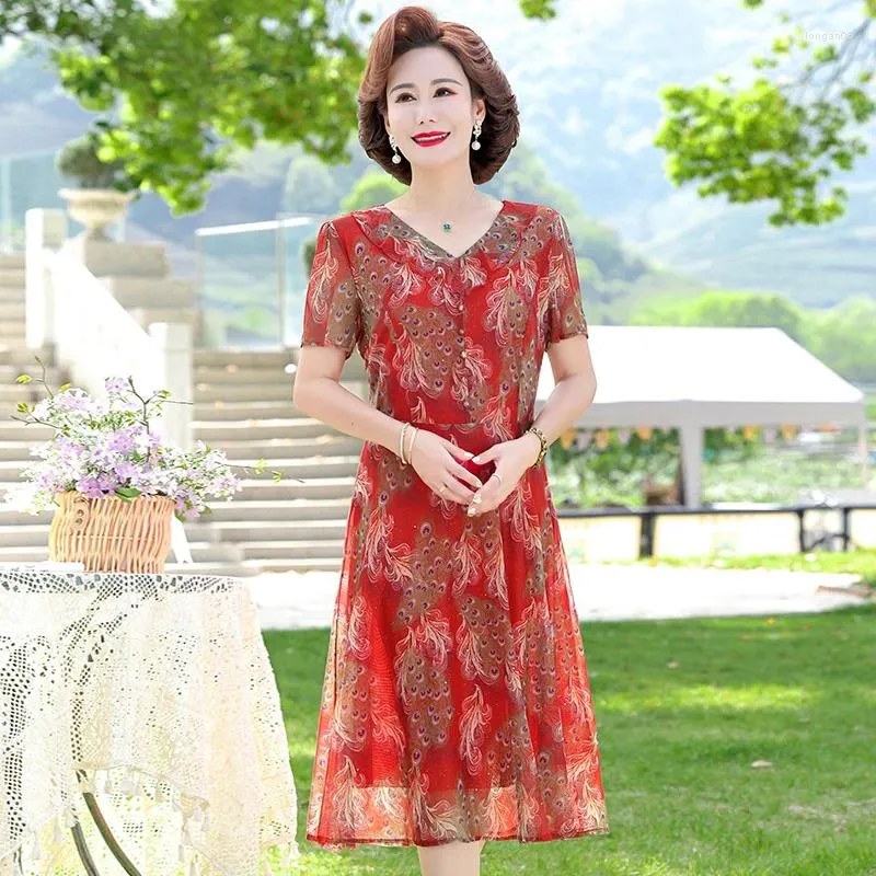 Vestidos de festa Mesh renda pavão vestido de impressão em videira v elegante e casual line manga curta mulher mulher coreana midi vestido