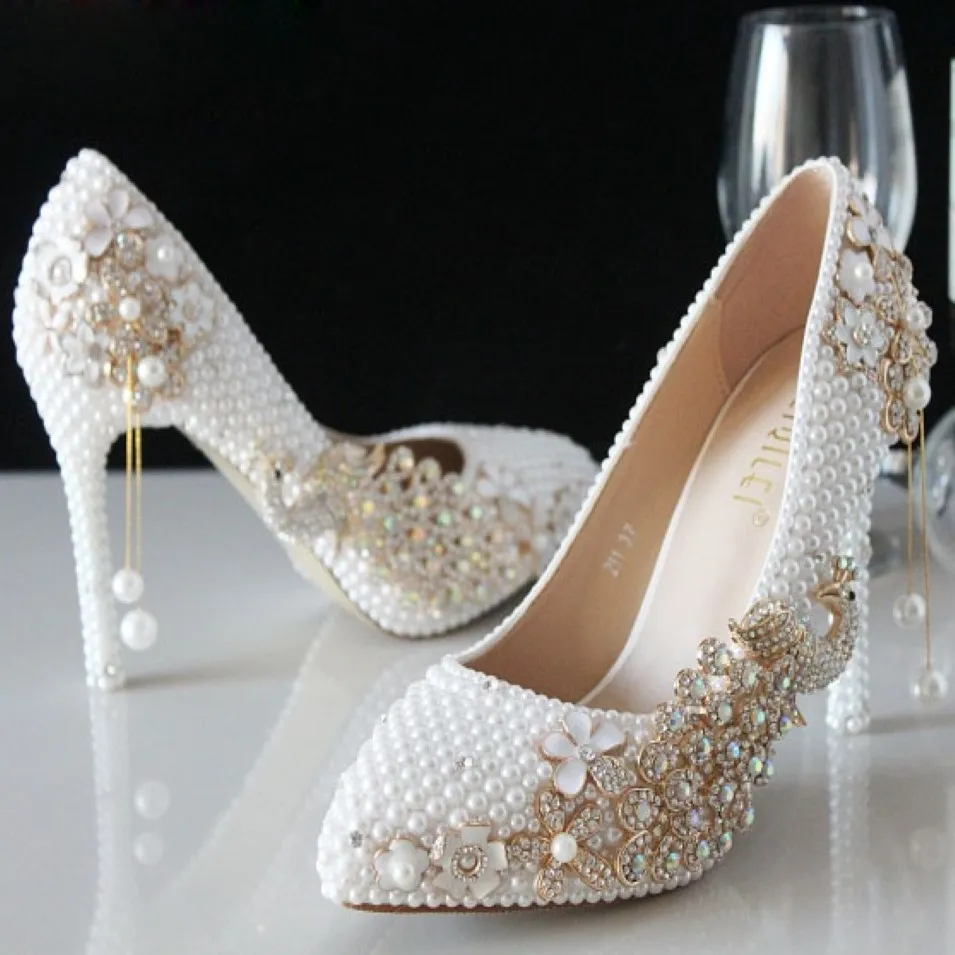 Luxury Pearls Ivory Wedding Shoes For Bride Crystals Prom High Heels Clover Rhinestones Plus Size Pointed Toe Bridal Shoes 276N