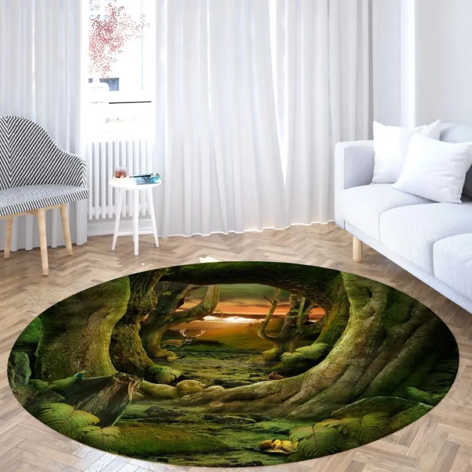 Groene boomgat ronde vloerkleden 3D patroon cirkelvormige gedrukte gebied mat woonkamer slaapkamer toegangsdeur home grote tapijten 239u