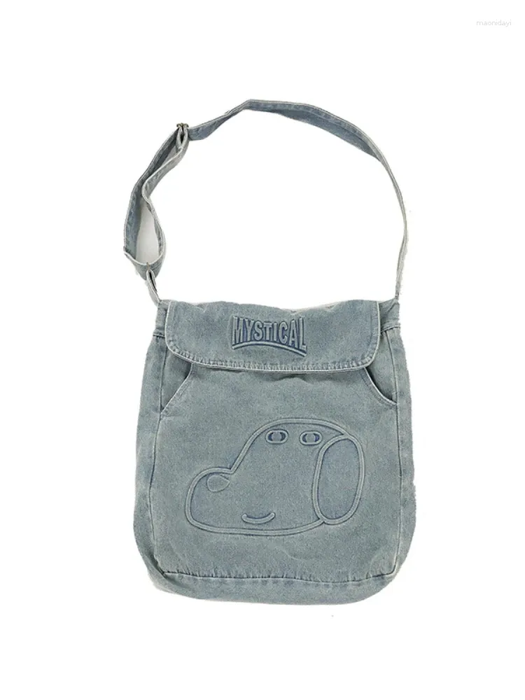 School Bags Denim Shouder Bag Ladies Large-capacity Fashion Cartoon Dog Embroidery Shoulder 2024 Winter Preppy Style Design