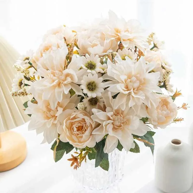 Decoratieve bloemen Kransen 1 st Hot Sale Artificial Flower Silk Dahlia Rose Daisy Kerstmis Decoratie Bonsai Room Wedding Bridal Bouquet Party Diy Box