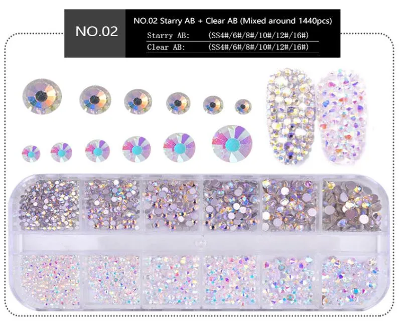 NA053 1 boîte Multi-taille Crystal Nails décorations acryliques rond Colorful Glitters Rignestones DIY Nail Art Accessoires 1440PCS2695188