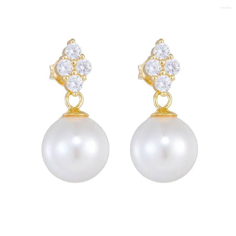 Boucles d'oreilles en peluche Fulsun Trendy Cubic Zirconia Rhombus Mère de Pearl Ball 925 Silter Sterling 14k Bijoux fins plaquées or