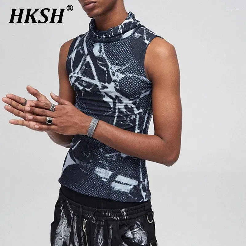 Herren -Tanktops HKSH American High Street Hip Hop Bohrmaschine Elastizität Maske Volldruck Bildschirmkragen Ärmel und Sommer HK0806