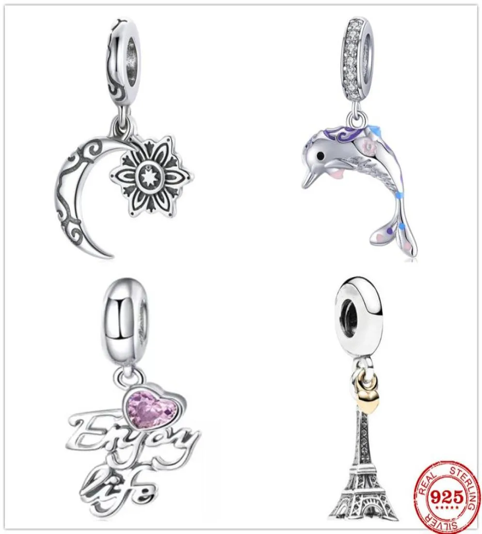 925 Silver Fit Charm 925 Bracelet Dolphin Moon Eiffel Tower charms set Pendant DIY Fine Beads Jewelry1555626