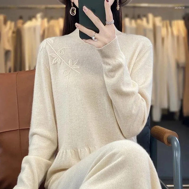 Casual Dresses RONGYI Merino Wool 2024 Autumn And Winter Dress Women's Clothes Half-High Neck Pullover Long Top Fashion Korean