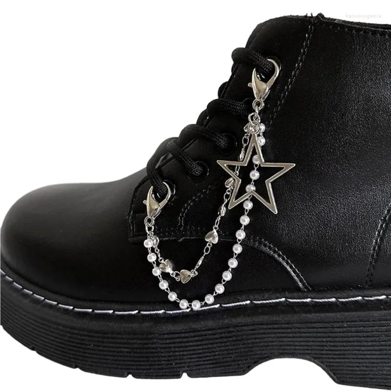 Anklets 1PCS Double Layer Pearls Star Hearts Chains Martin Boots Canvas Shoes Buckles Decoration Y2k Big Stars Charms Accessories