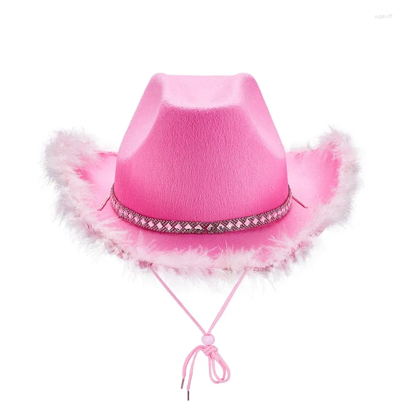 Bérets Y2K West Cowgirl Cowgirls For Women Girl Girl Girl Feather Trim Hinestone Western Cowboy Hat Costume fête de jeu Caps vestimentaires