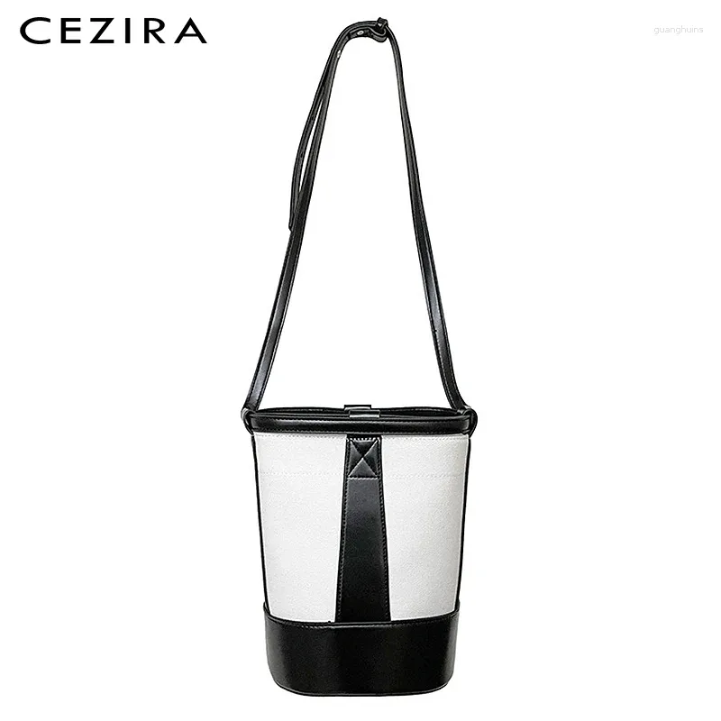 Bag CEZIRA 2024 Fashion Canvas Women Bucket Bags Luxury PU Vegan Leather Patchwork Handbags Female Daily Crossbody Shoulder Purses