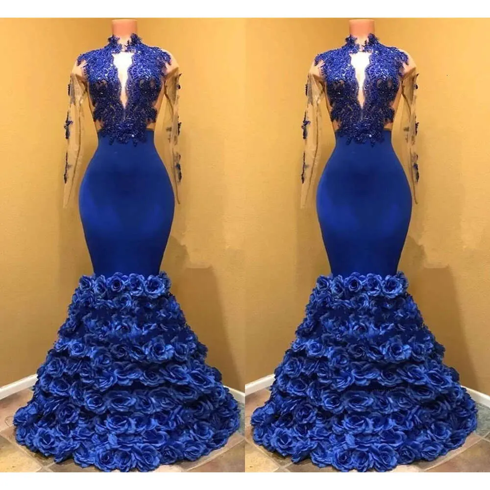 رائعة ثلاثية الأزهار الأزهار الفساتين الرسمية الشفافة طويلة الأكمام الملكية الأزرق الحزب الفستان الدانتيل الدانتيل ثيابا مهرجانية مخصصة