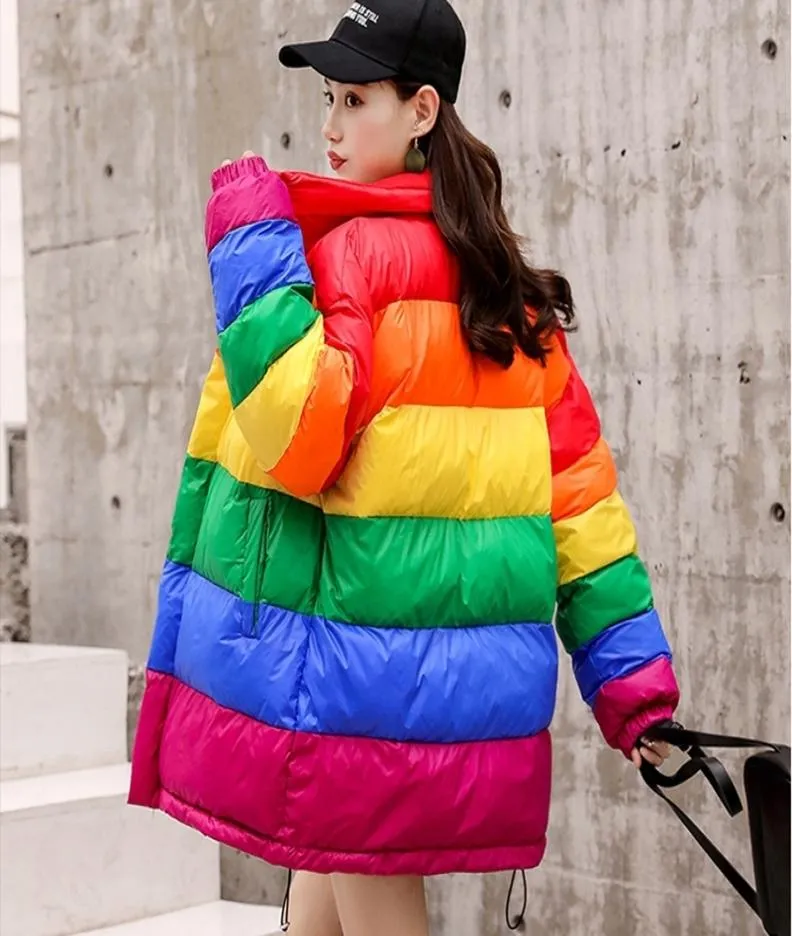 Aqueça jaqueta decepcionada espessa Parkas Rainbow Spliced Coat Winter Coat Loose Women Cotton Jackets Streetwear