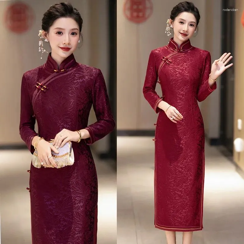 Ethnic Clothing Yourqipao Long-sleeved Mother Of The Bride Cheongsam Plus Velvet And Thickened Winter Chinese Wedding Guest Dress Women