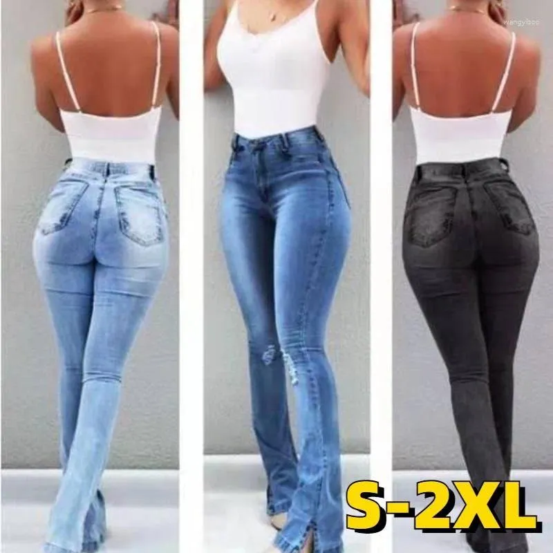 Frauen Jeans Frauen offene Gabel Stretch Flare Hosen hohe Taille Damen Skinny Jean Jeans sexy dunkelblau Aufstieg Bumpend