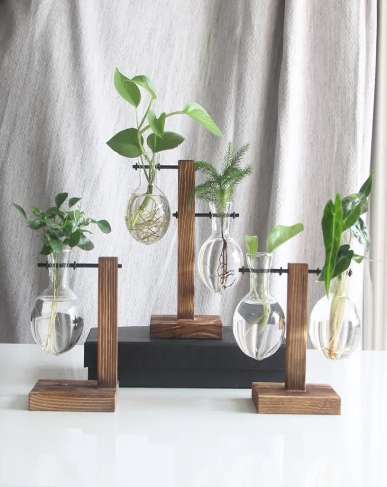 Hydroponiczne wazę przezroczyste szklane biurko kwiat drewniana rama pojemnik na stole artykuły wyposażenia do dekoracji domowej 55858306