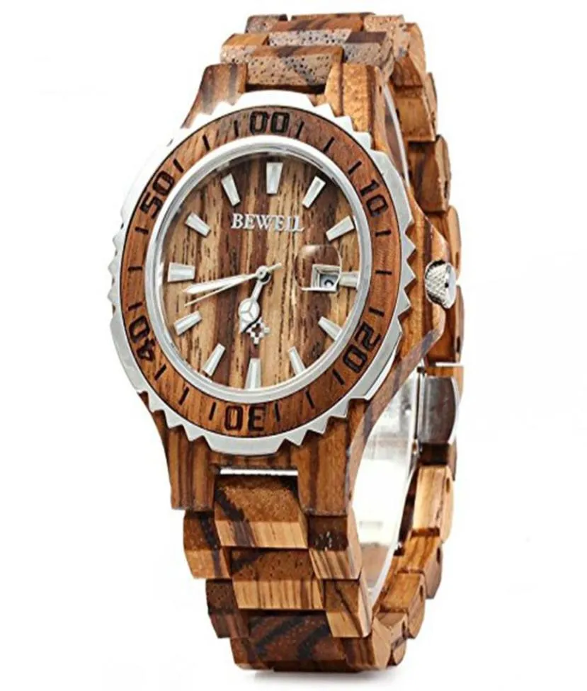 Bewell New Men039s Analógico Quartz de madeira Relógio de madeira com pulseira de madeira W100BG 1PCS Multi Colors2457010
