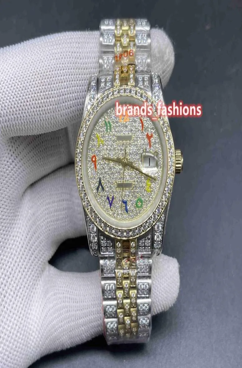 Nieuwste Men039S Iced Diamond polshorloge Gold Face Color Arabische schaal Bigold Diamonds Strap Watch Volledig automatisch mechanisch WATC2718676