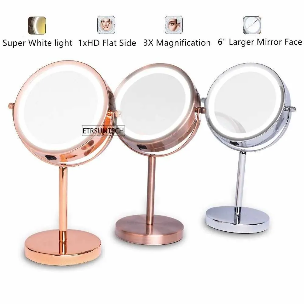Compact Mirrors 6 1X/3X enlarged double-sided mirror with 18 LED lamp stand desktop makeup battery powered 3-color Q240509