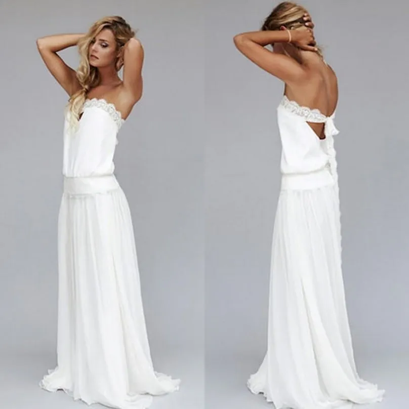 2015 Vintage 1920s Beach Wedding Dresses Custom Made Dropped Waist Bohemian Wedding Gowns Strapless Backless Boho Bridal Gowns Lace Rib 237P