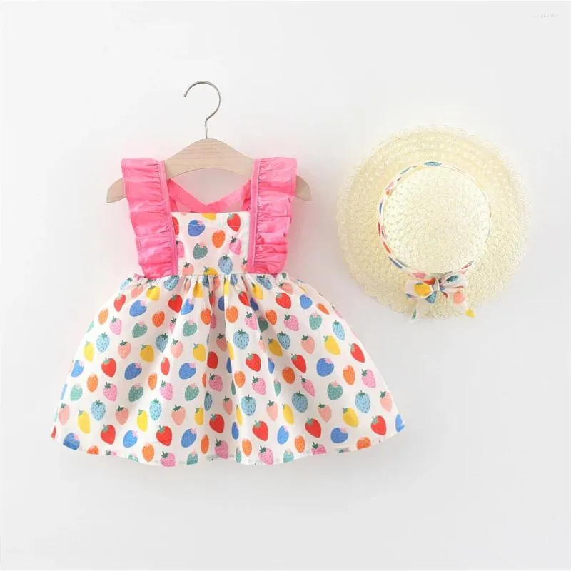 Девушка платья с двумя частями летнего платья и шляпы для детского принт маленький клубничный крест-кросс назад детская одежда