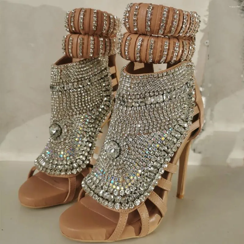 Elbise ayakkabıları lüks instep büyük mücevher elmas süslemeli açık ayak parmağı içi boş ayak bileği kayışları sandaletler stiletto topuklu parti parlak footwea