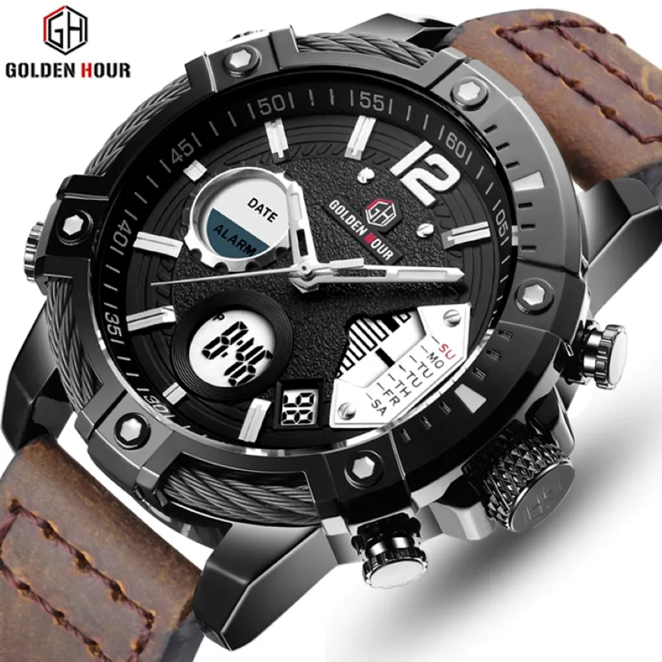 Top Brand Goldenhour Gerined Leather Mens Quartz Watch Sport Military Clocks ALARME ALARME MAN MAN REGOCH MASCULO