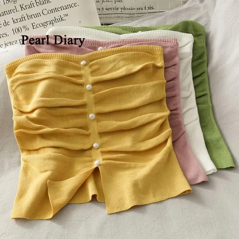 Kvinnors tankar Pearl Diary Women Summer Style Wrap Chest Knitting Top Single Row PearlButton Be Vest Thin Vent All-Match